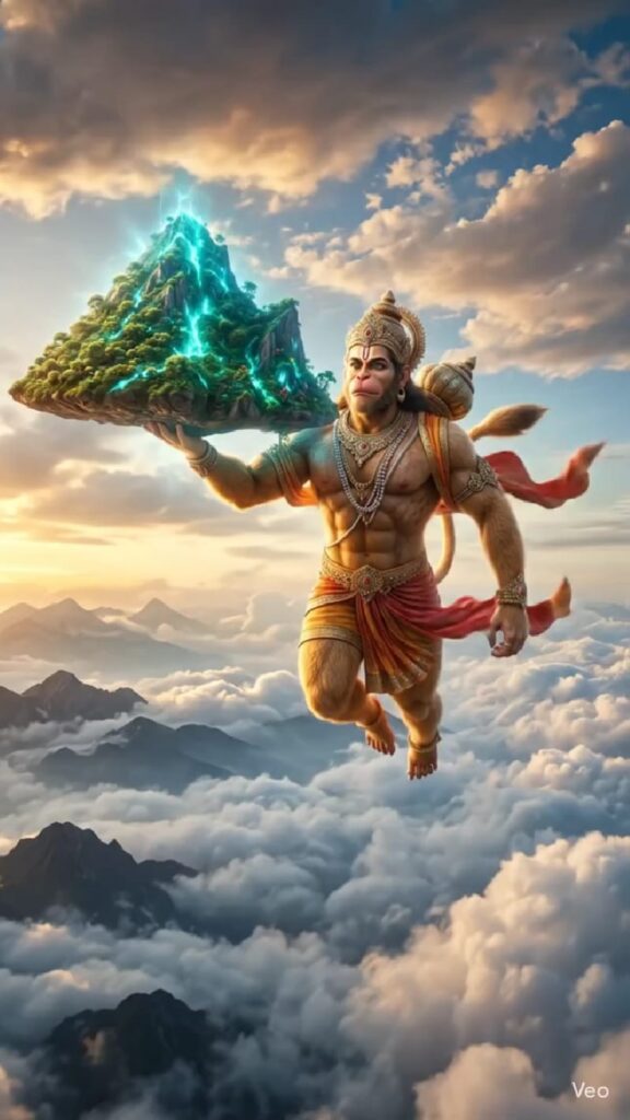 হনুমানজি ভক্তিভরে রাম নাম জপ করছেন, সঙ্গে বাংলা ভাষায় হনুমান চালিসার শ্লোক প্রদর্শিত।