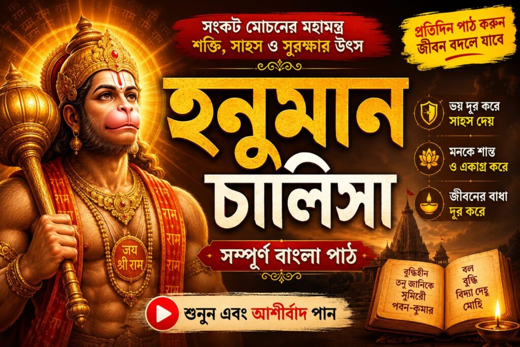 Hanuman Chalisa in Bengali Lyrics বাংলা ভাষায় হনুমান চালিসার সম্পূর্ণ লিরিক্স, ভগবান হনুমানের ভক্তিমূলক স্তোত্র, ধর্মীয় পাঠ ও আধ্যাত্মিক উপাসনার জন্য উপযুক্ত।
